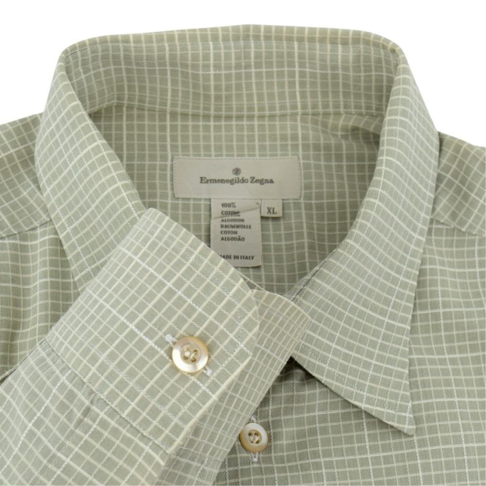 Ermenegildo Zegna Shirt Mens XL Designer Italian Sage Green Textured Micro Check - Picture 2 of 13